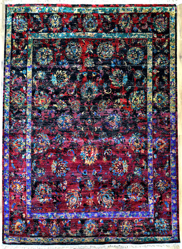 Vibrant sari silk rug — hand-knotted from recycled silk